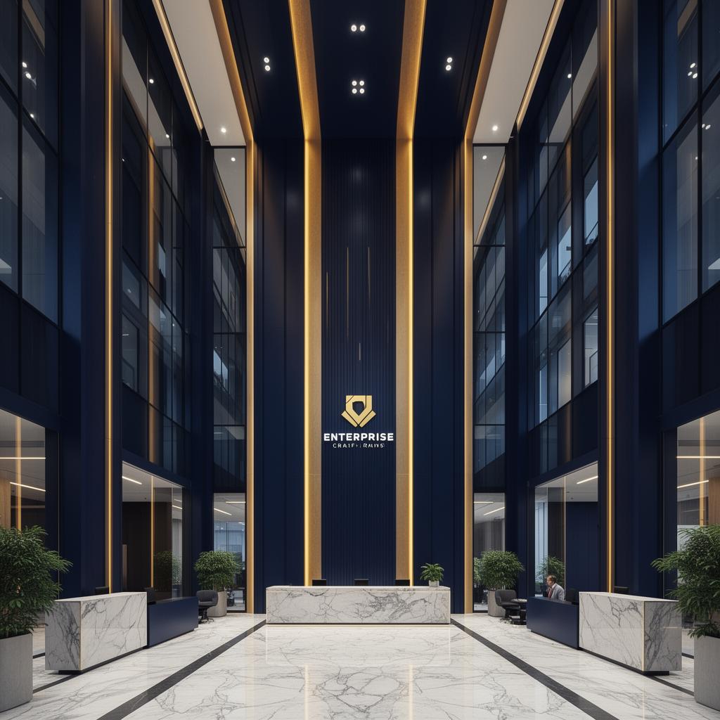 Modern enterprise headquarters lobby in deep navy and marble